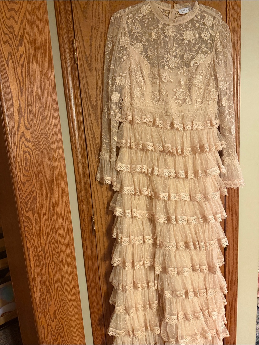 Mac Duggal Blush Lace Long-Sleeve Tiered Maxi Dress